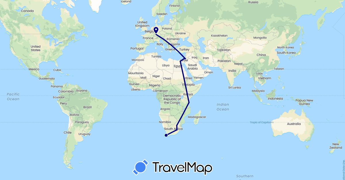 TravelMap itinerary: driving in Germany, Egypt, Israel, Jordan, Lesotho, Tanzania, South Africa (Africa, Asia, Europe)